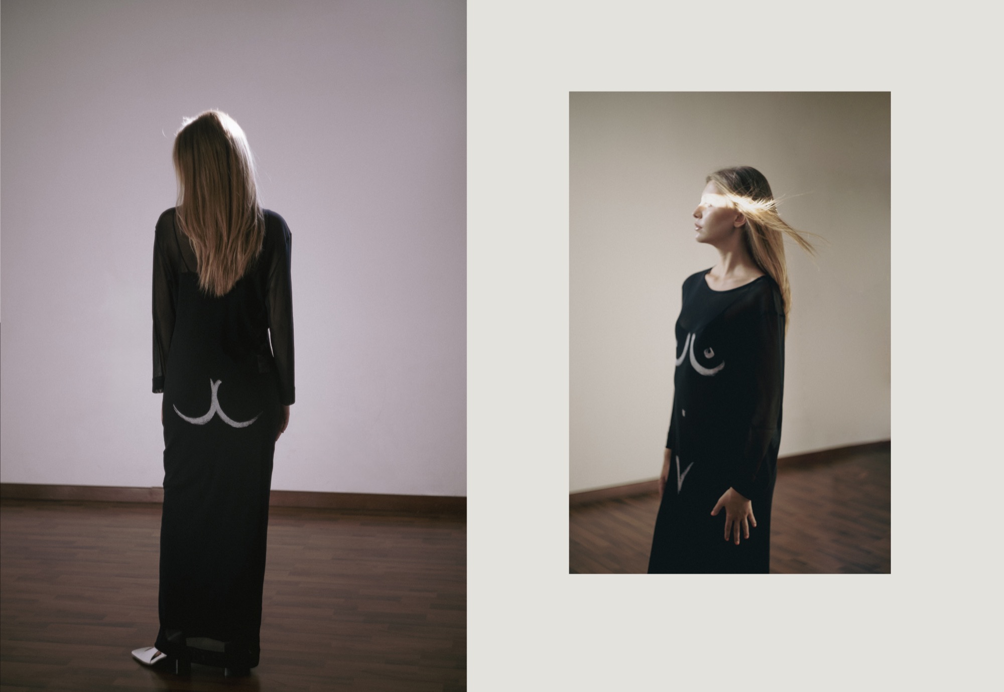 Dittico fotografico editoriale — doppio ritratto moda con contrasto luce e ombra