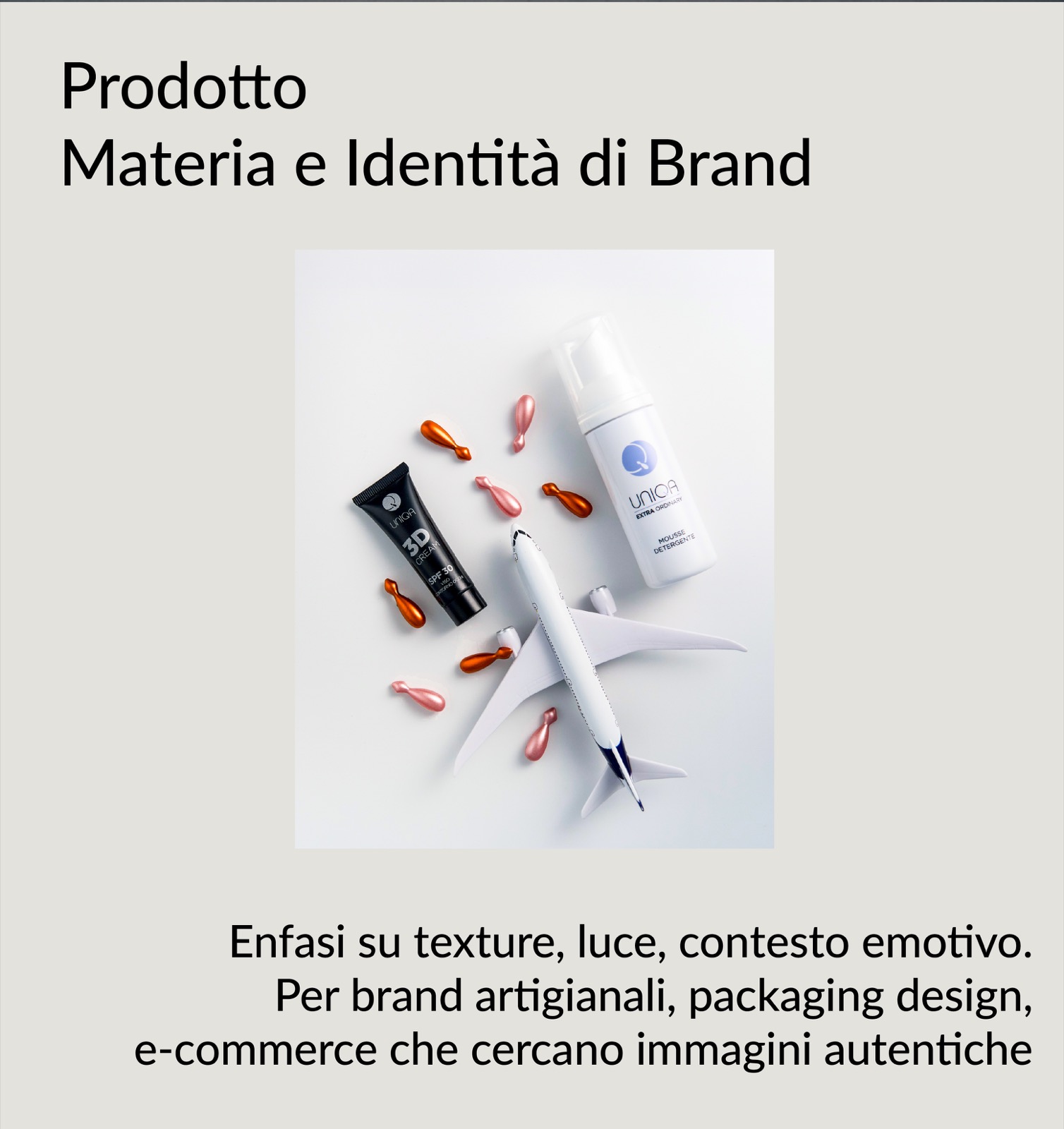 Fotografia prodotto — composizione editoriale con layout grafico per brand identity